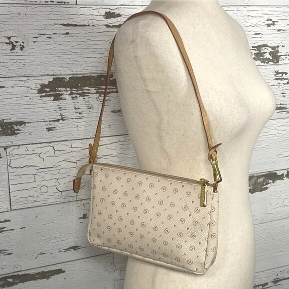 POLLINI Leather Monogramed Small Shoulder Bag Cream/Brown - Picture 1 of 6